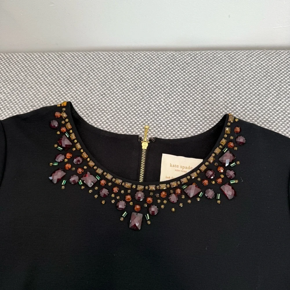 Kate Spade Black Glimmer Shift Dress‎ Jeweled Collar Short Sleeve Women’s Sz 8